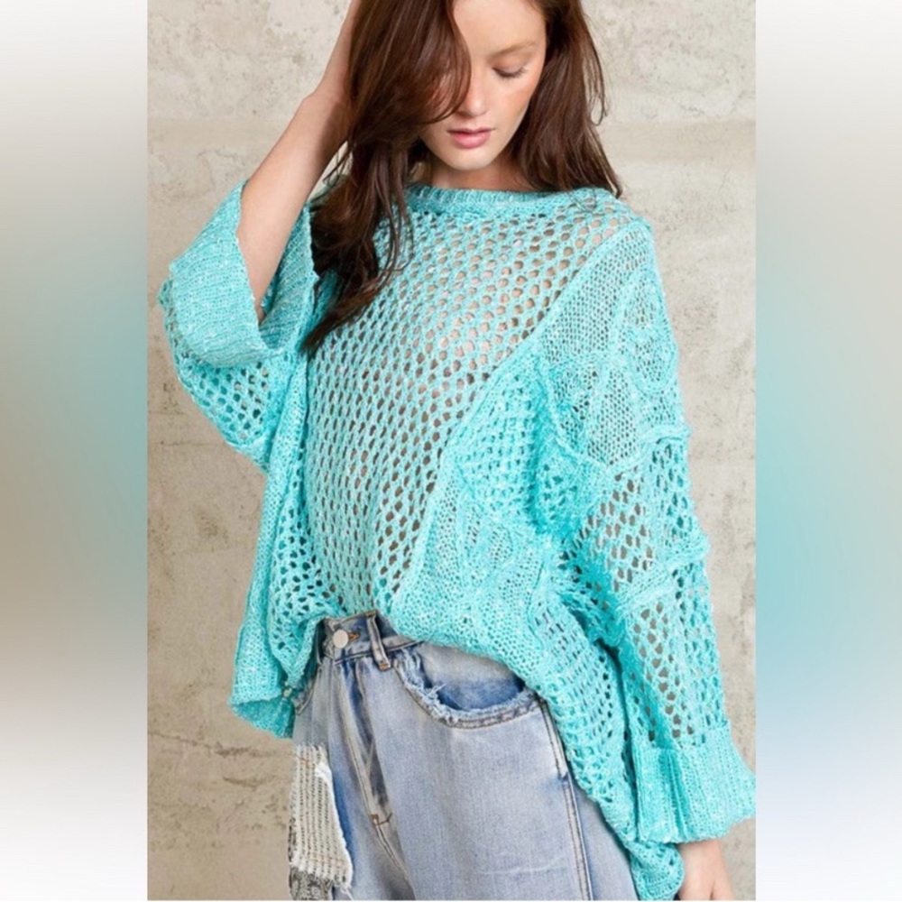 NWOT POL Open Knit Crochet Sheer Turquoise Blue Sweater Oversized Draped Medium